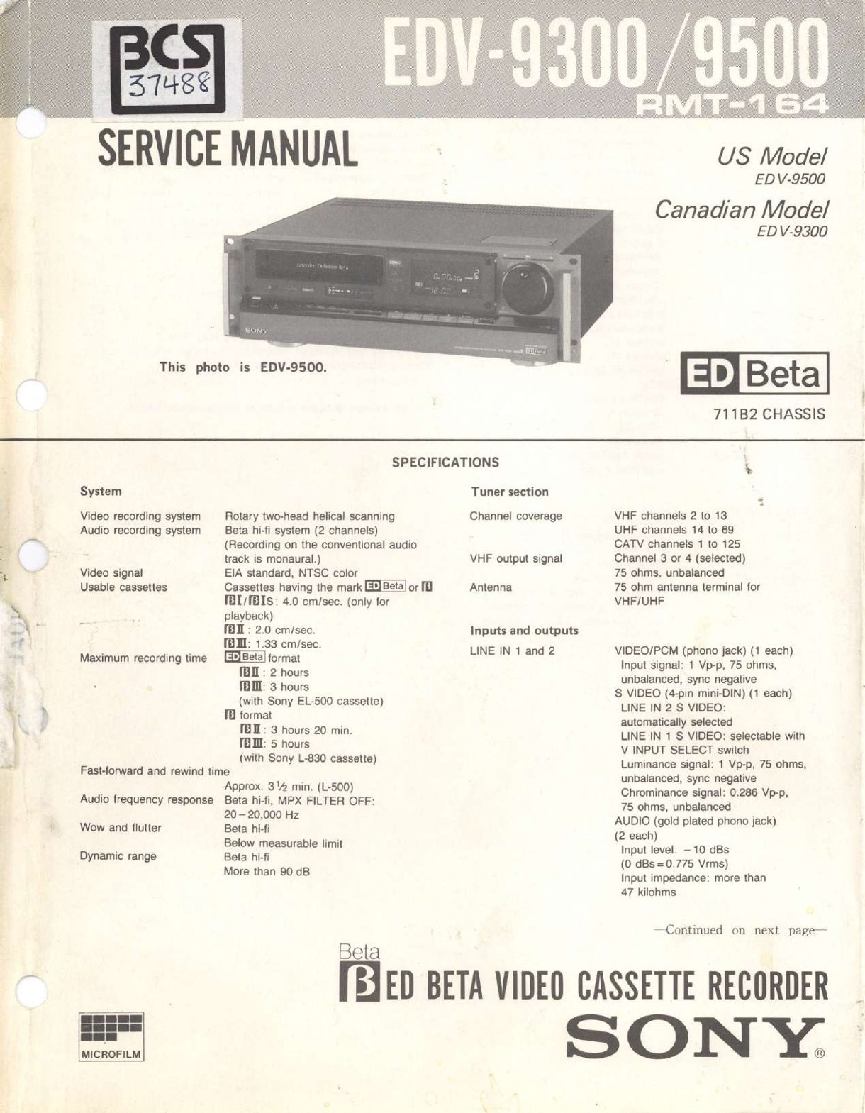 SONY EDV-9300/9500 ED Beta Video Cassette Recorder Service Manual