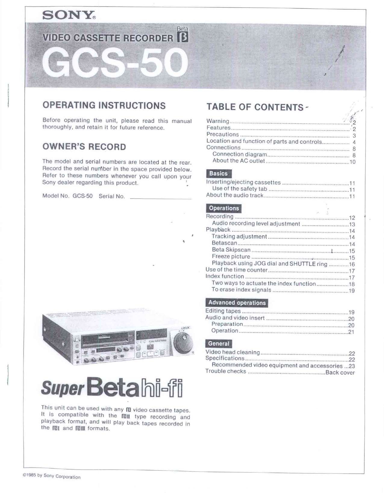 Sony Beta GCS-50 Video Cassette Recorder Operating Instructions (Instant Download)
