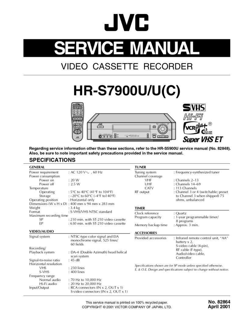 Comprehensive Service Manual Collection for JVC HR-S7900U Video Cassette Recorder