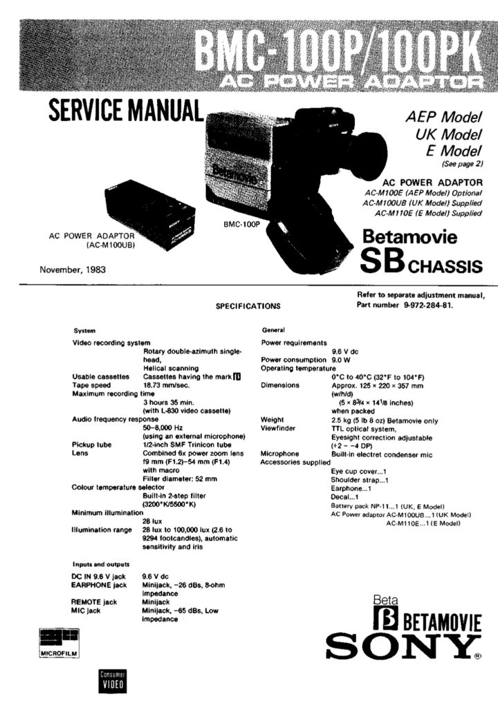 Sony Betamovie BMC-100P/100PK AC Power Adaptor Service Manual (Instant Download)