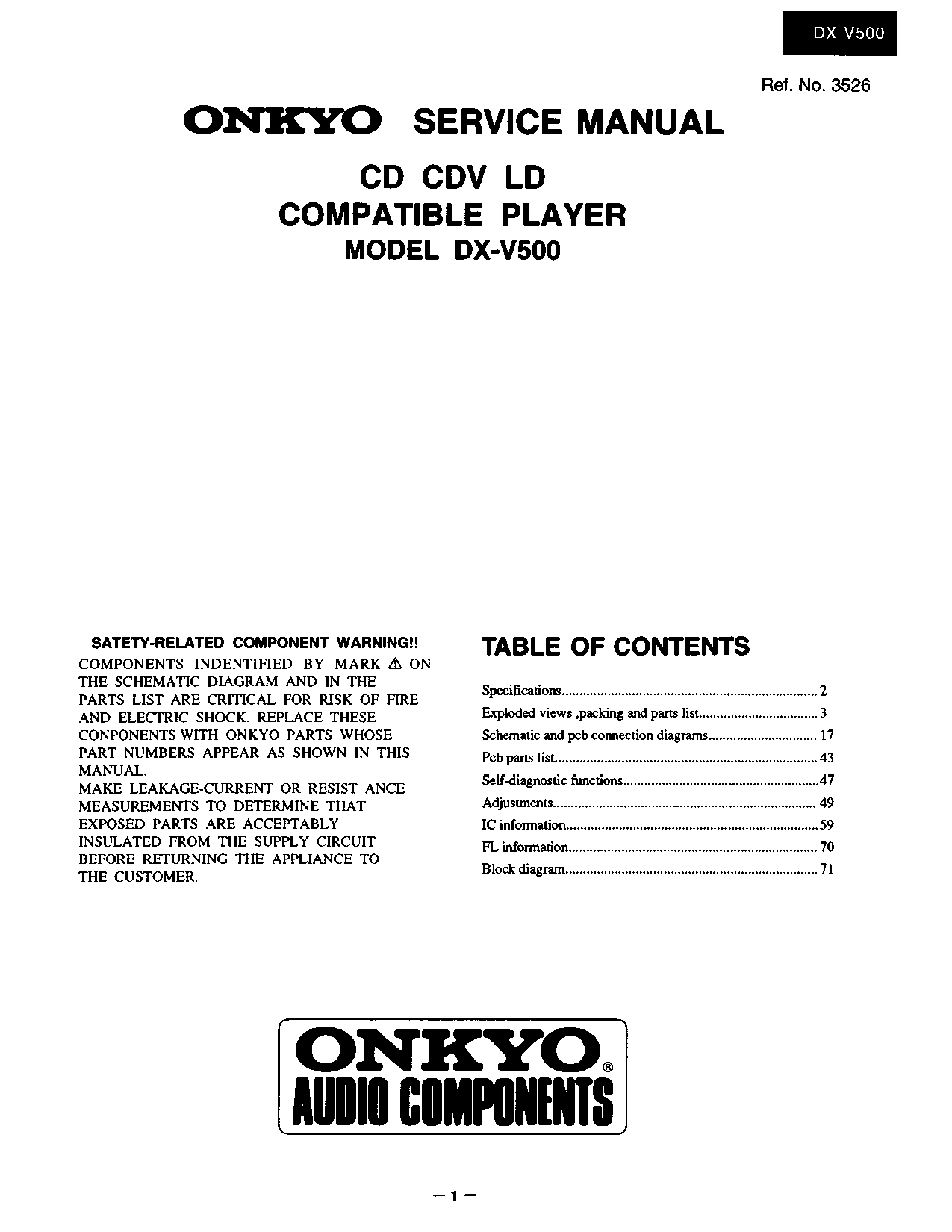 ONKYO DX-V500 CD/CDV/LD Compatible Player Service Manual