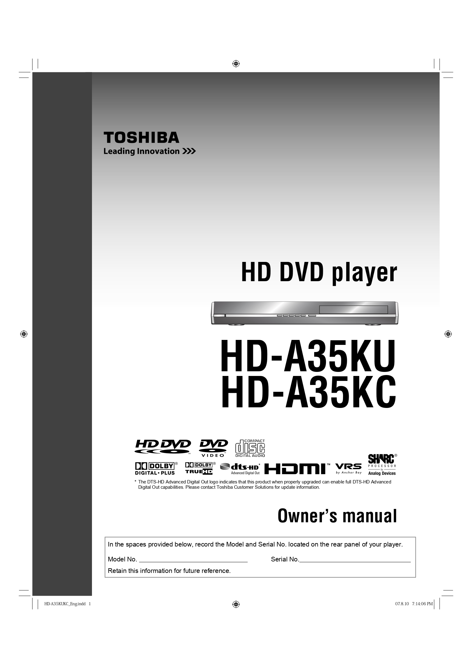 Toshiba HD-A35KU / HD-A35KC HD DVD Player Owner's Manual (Instant Download)