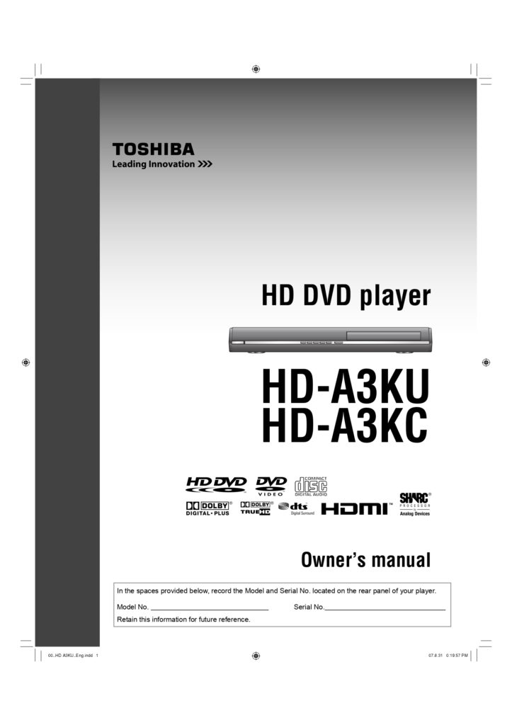 Toshiba HD-A3 HD DVD Player Owner’s ManualToshiba HD-A3 HD DVD Player Owner’s Manual