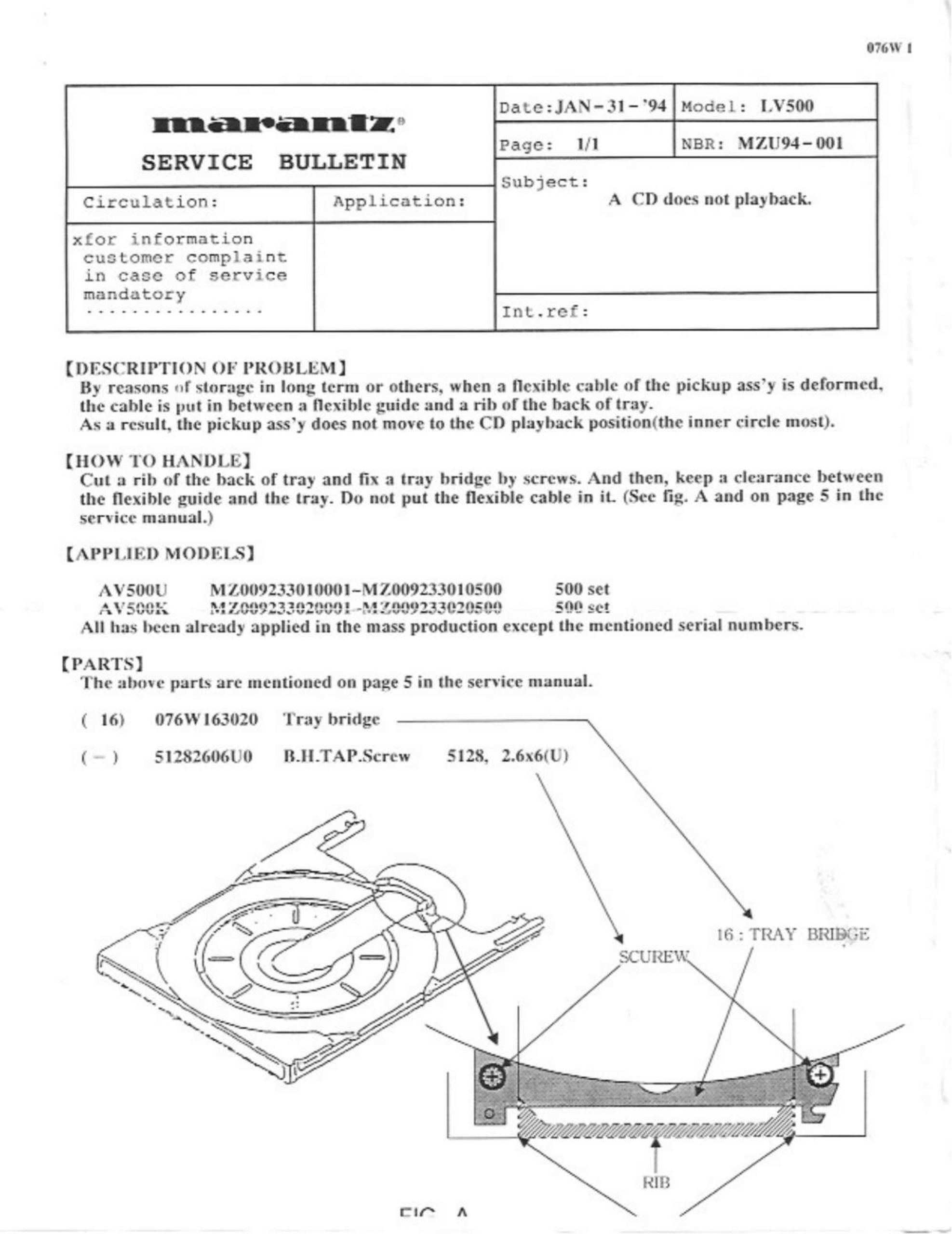 MARANTZ SERVICE BULLETIN Model: LV500