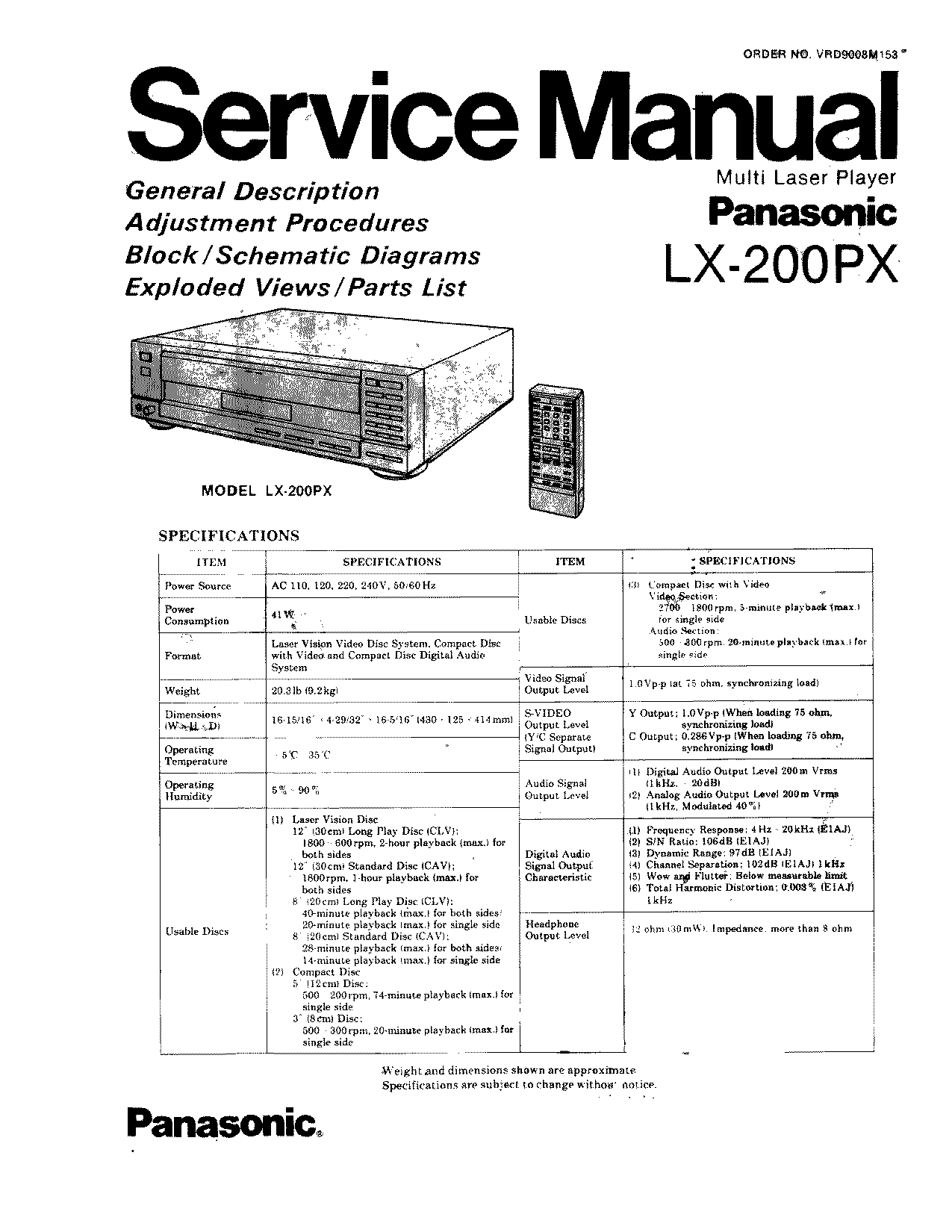Panasonic Multi Laser Player LX-200PX Service Manual