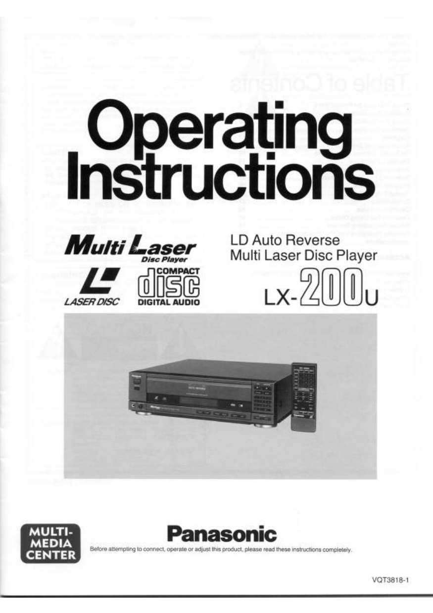 Panasonic LD Auto Reverse Multi Laser Disc Player LX-200U Operating Instructions