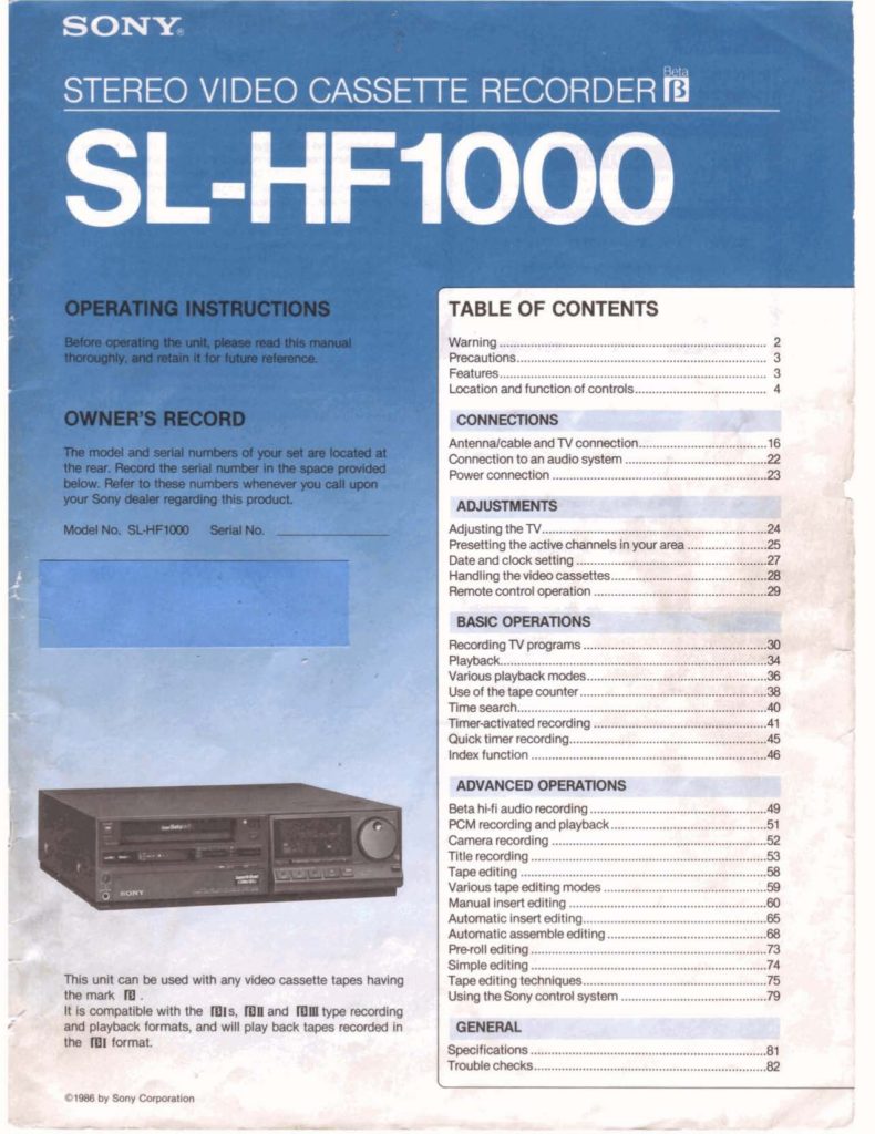 SONY Stereo Video Cassette Recorder SL-HF1000 Operating Instructions