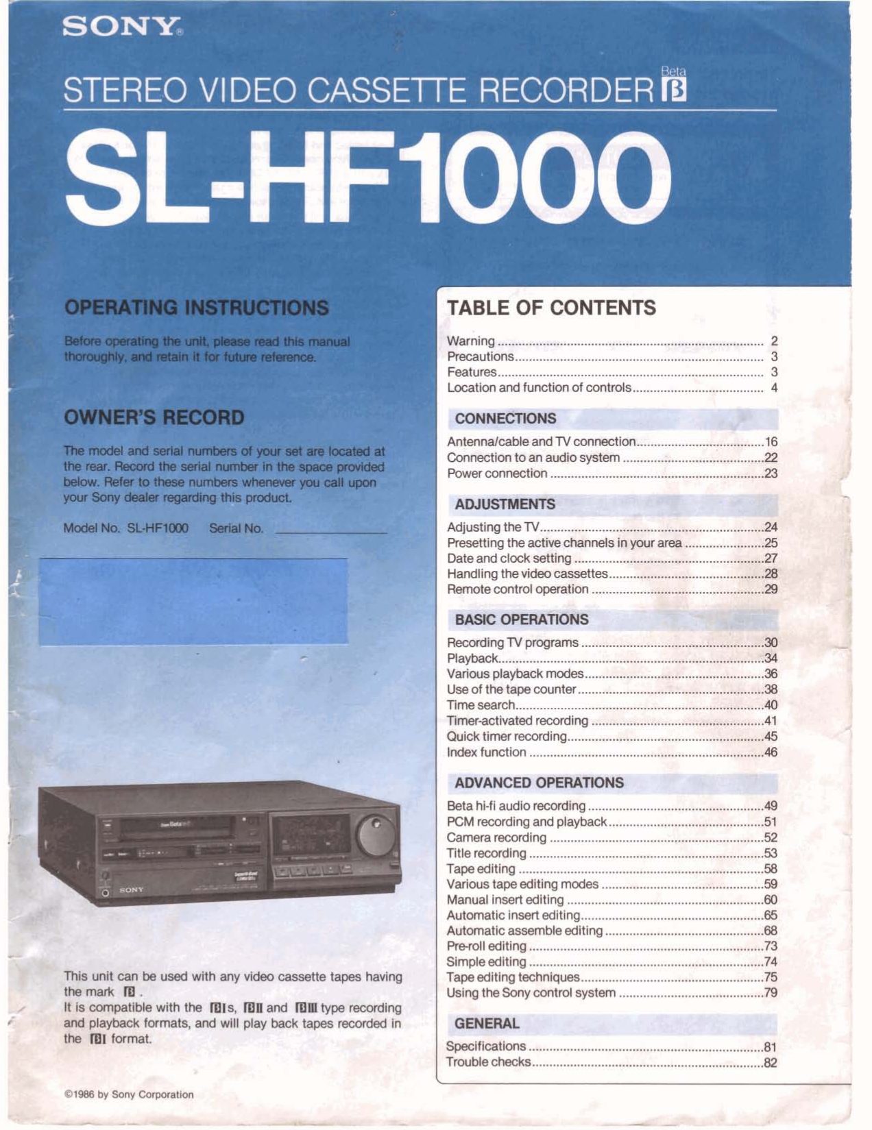 SONY Stereo Video Cassette Recorder SL-HF1000 Operating Instructions