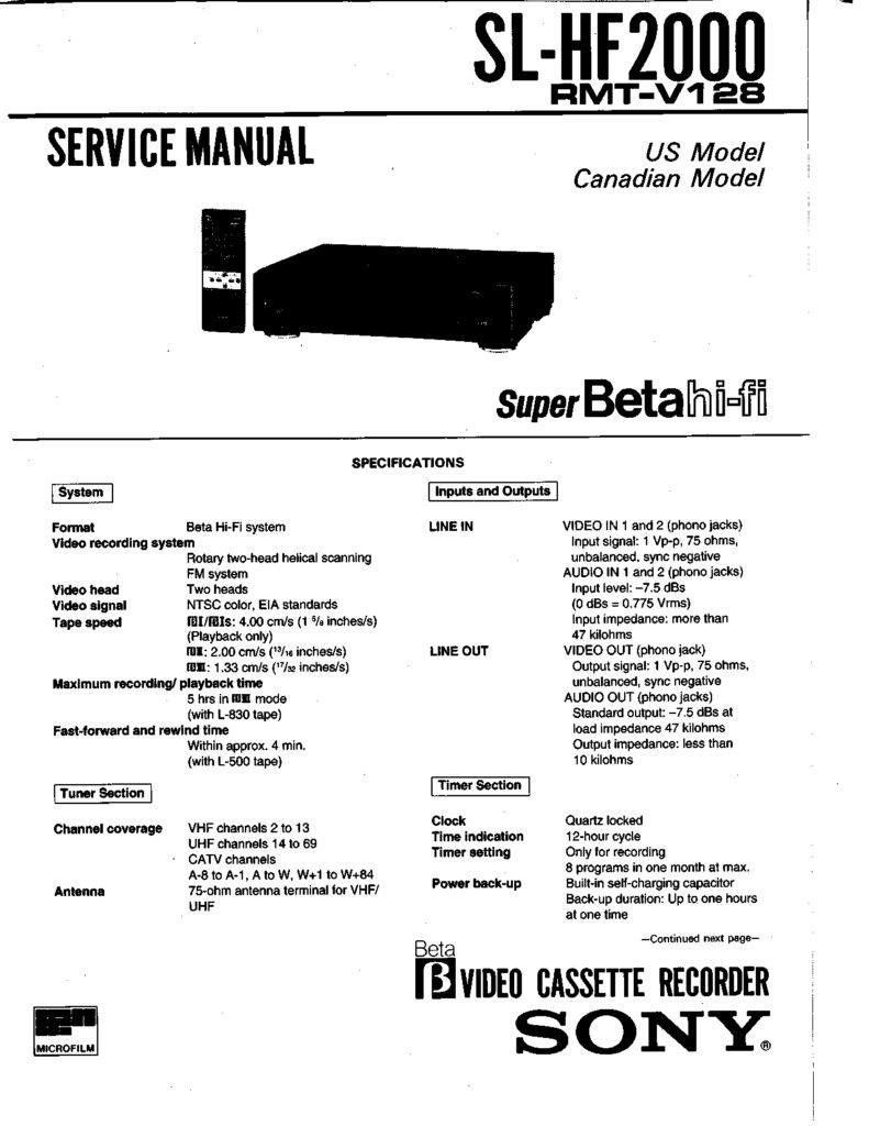 SONY SL-HF2000 Super Beta Hi-Fi Video Cassette Recorder Service Manual