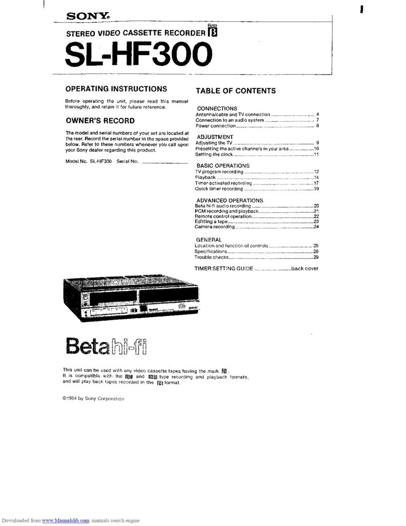 SONY Stereo Video Cassette Recorder SL-HF300 Operating Instructions