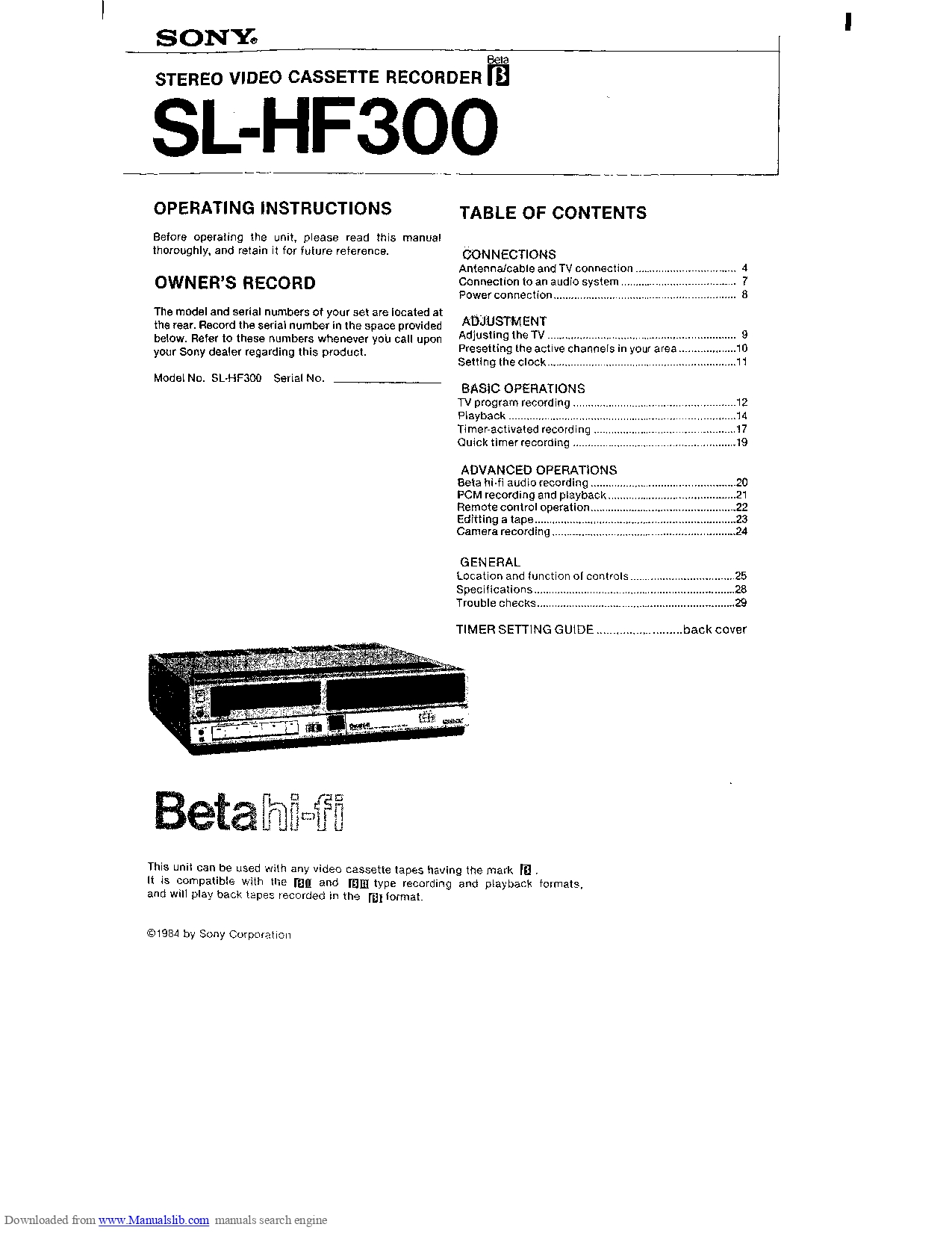 SONY Stereo Video Cassette Recorder SL-HF300 Operating Instructions
