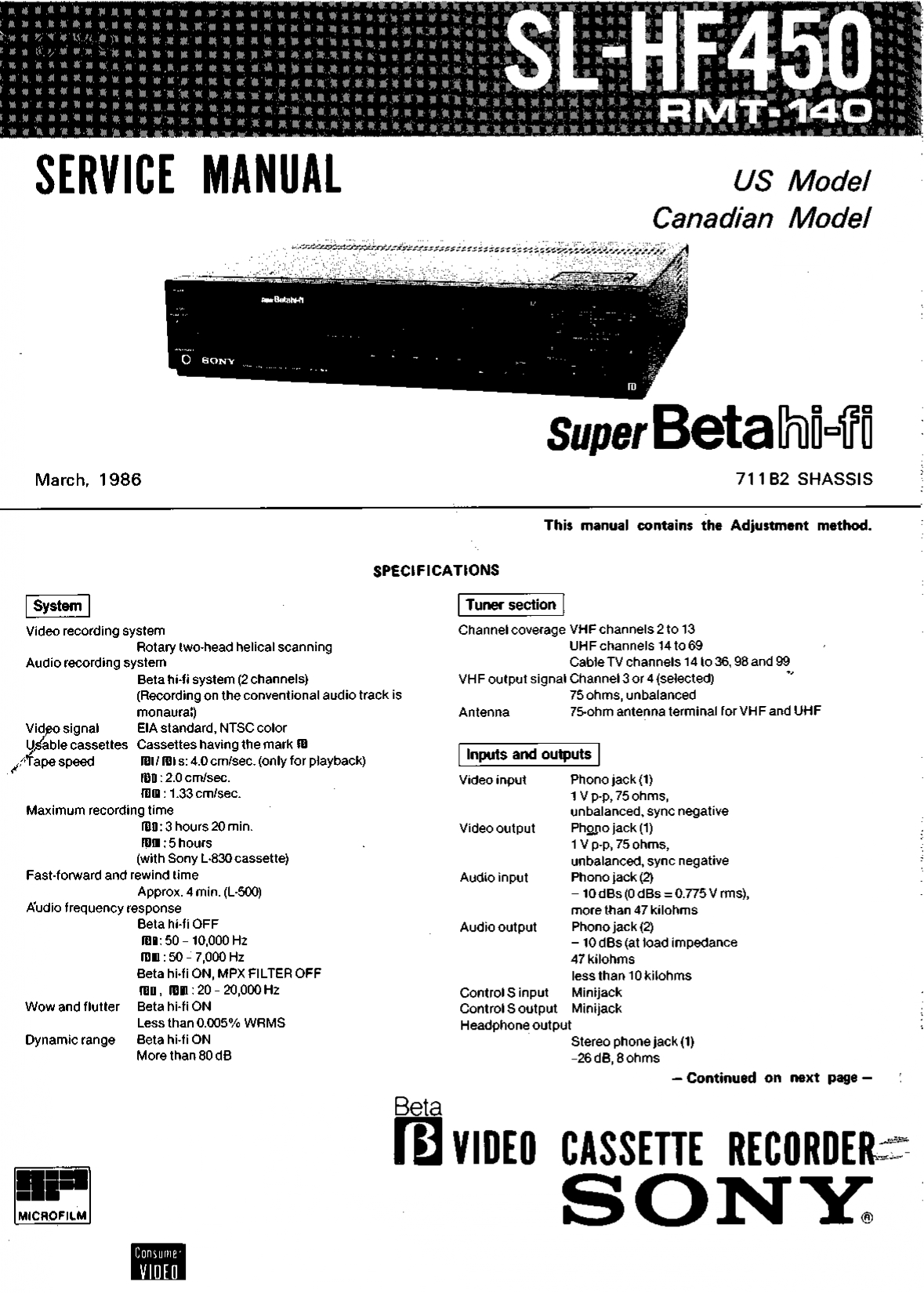 SONY SL-HF450 Super Beta Hi-Fi Video Cassette Recorder Service Manual
