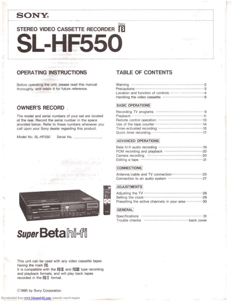 SONY Stereo Video Cassette Recorder SL-HF550 Operating Instructions