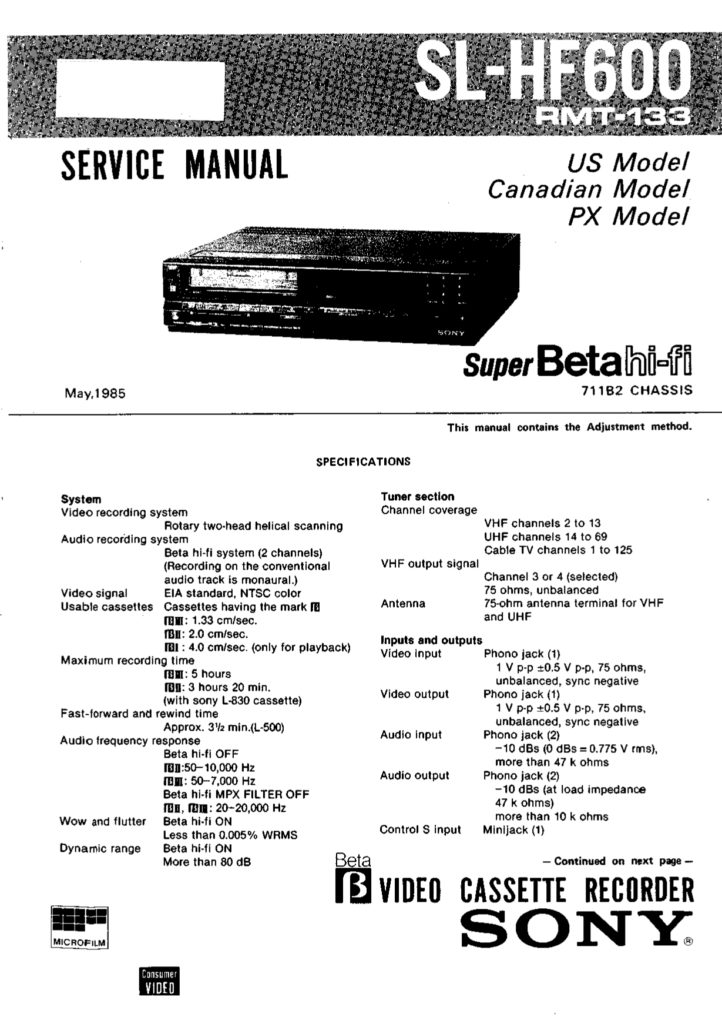 SONY SL-HF600 Super Beta Hi-Fi Video Cassette Recorder Service Manual