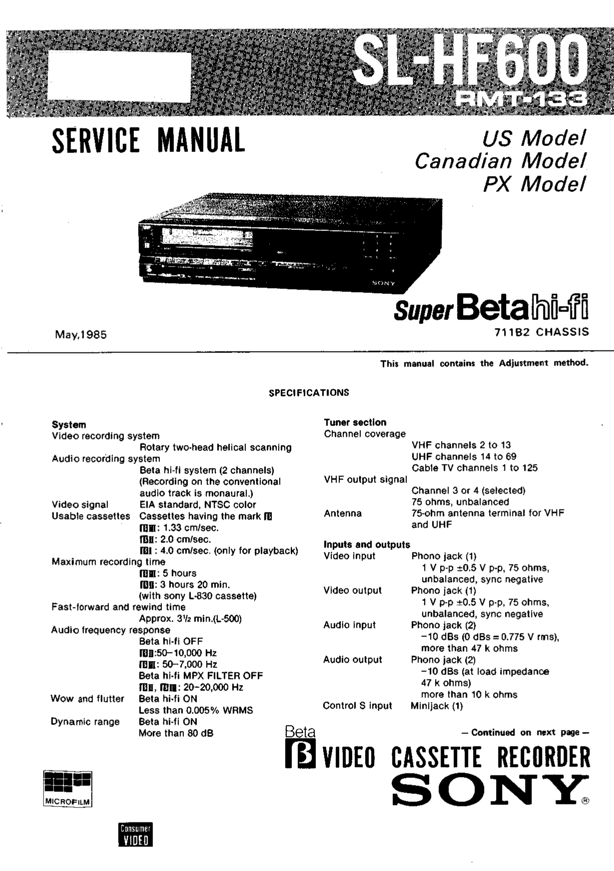 SONY SL-HF600 Super Beta Hi-Fi Video Cassette Recorder Service Manual