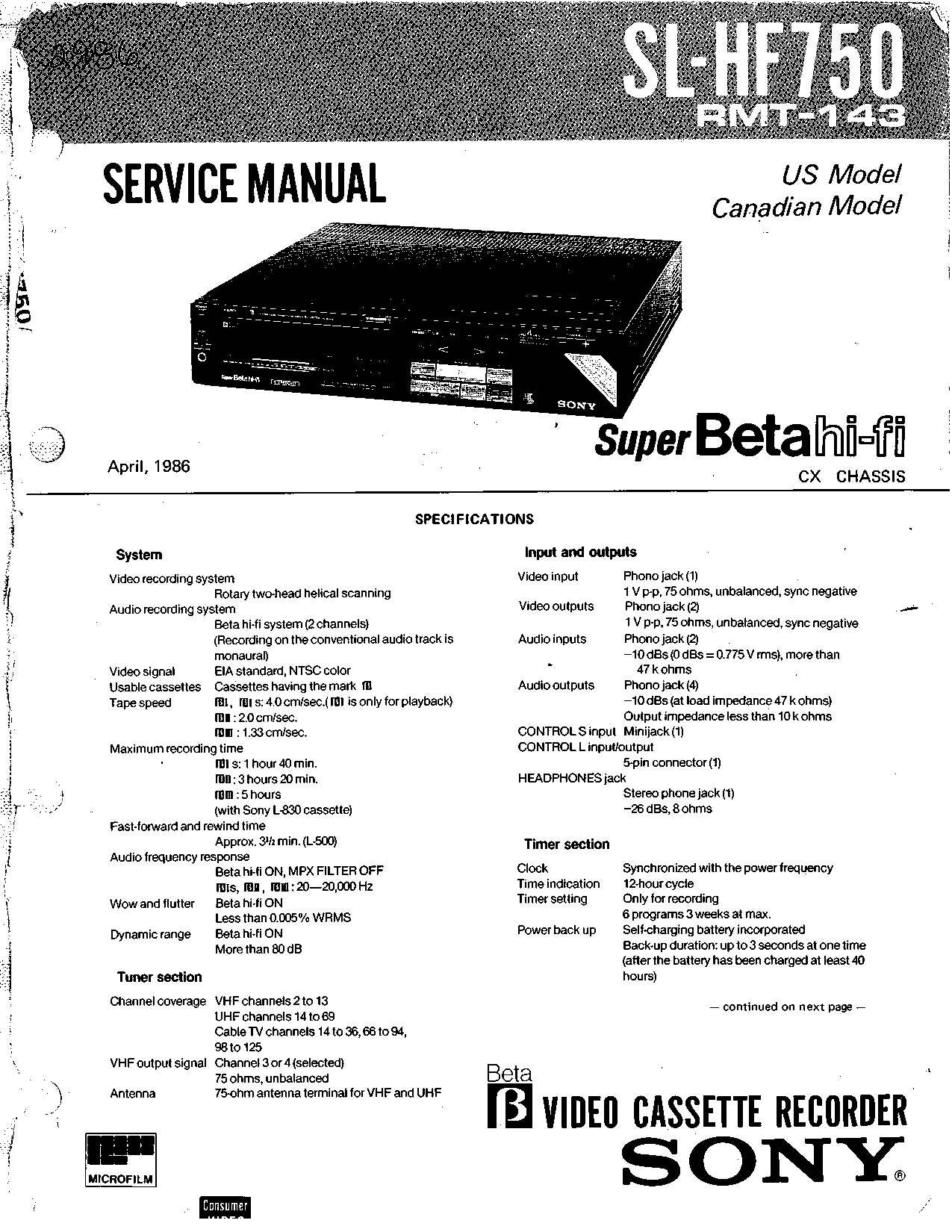 SONY SL-HF750 Super Beta Hi-Fi Video Cassette Recorder Service Manual