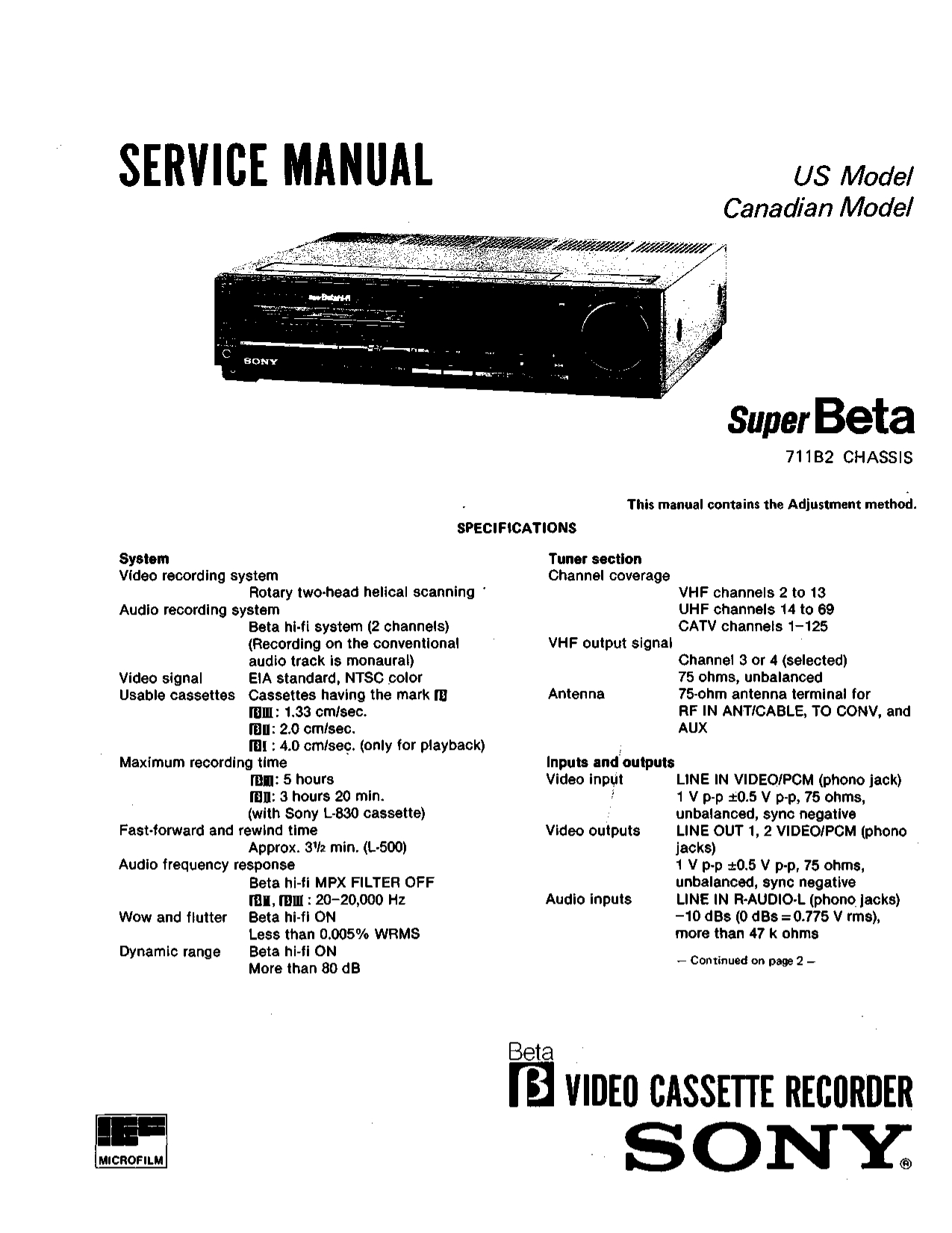 SONY Super Beta Hi-Fi Video Cassette Recorder Service Manual