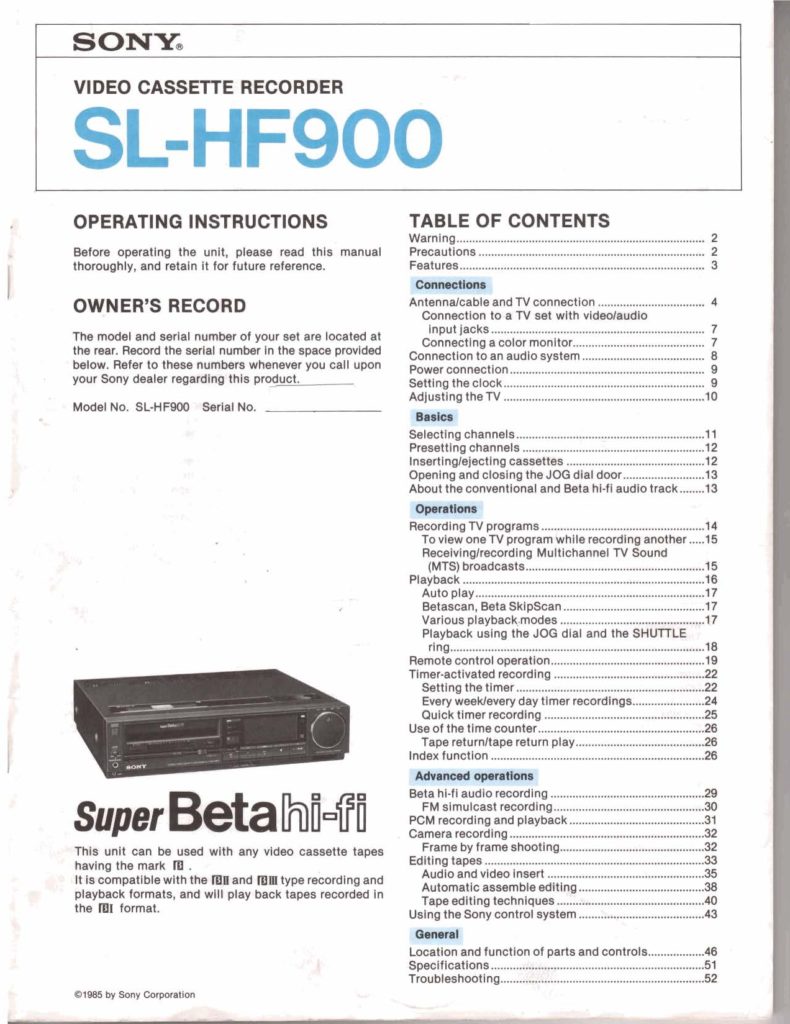 SONY Video Cassette Recorder SL-HF900 Operating Instructions