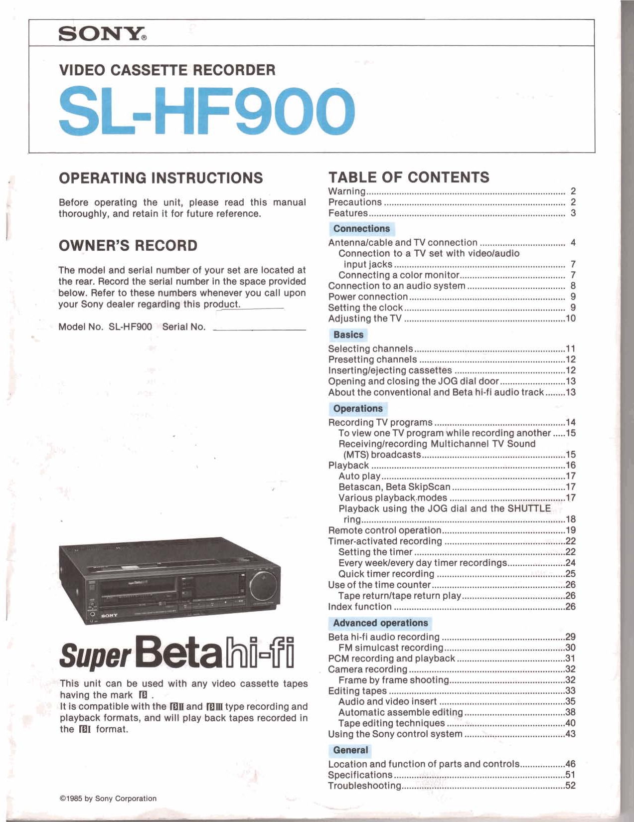 SONY Video Cassette Recorder SL-HF900 Operating Instructions