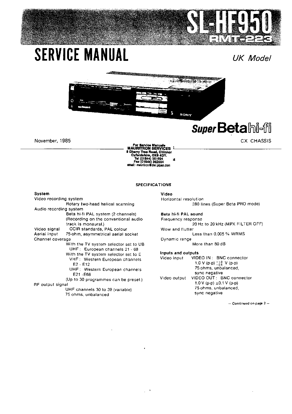 SONY SL-HF950 Super Beta Hi-Fi Video Cassette Recorder Service Manual