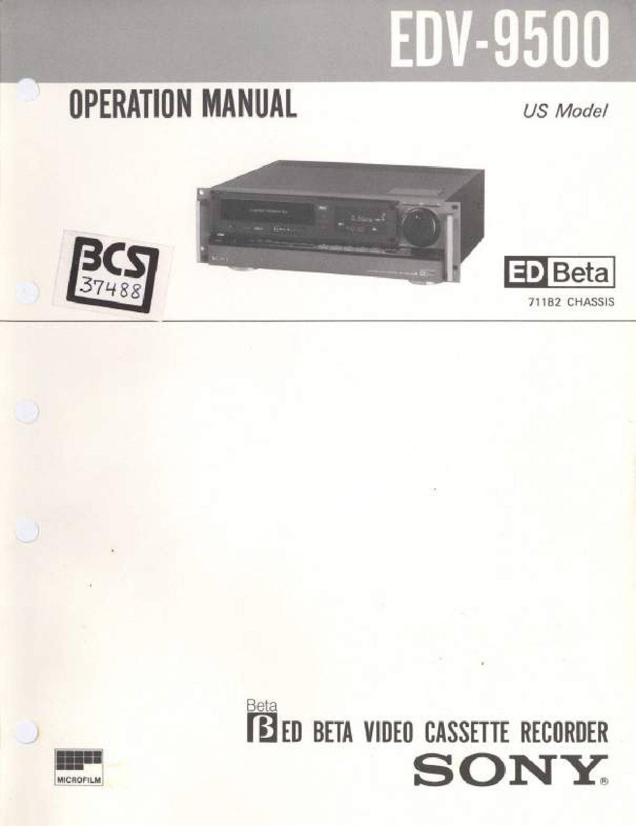 Sony EDV-9500 ED Beta Video Cassette Recorder Operation Manual (Instant Download)