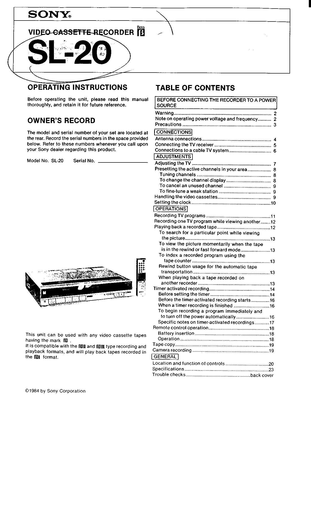 Sony SL-20 Video Cassette Recorder Operating Instructions (Instant Download) Sony SL-20 Video Cassette Recorder Operating Instructions (Instant Download)
