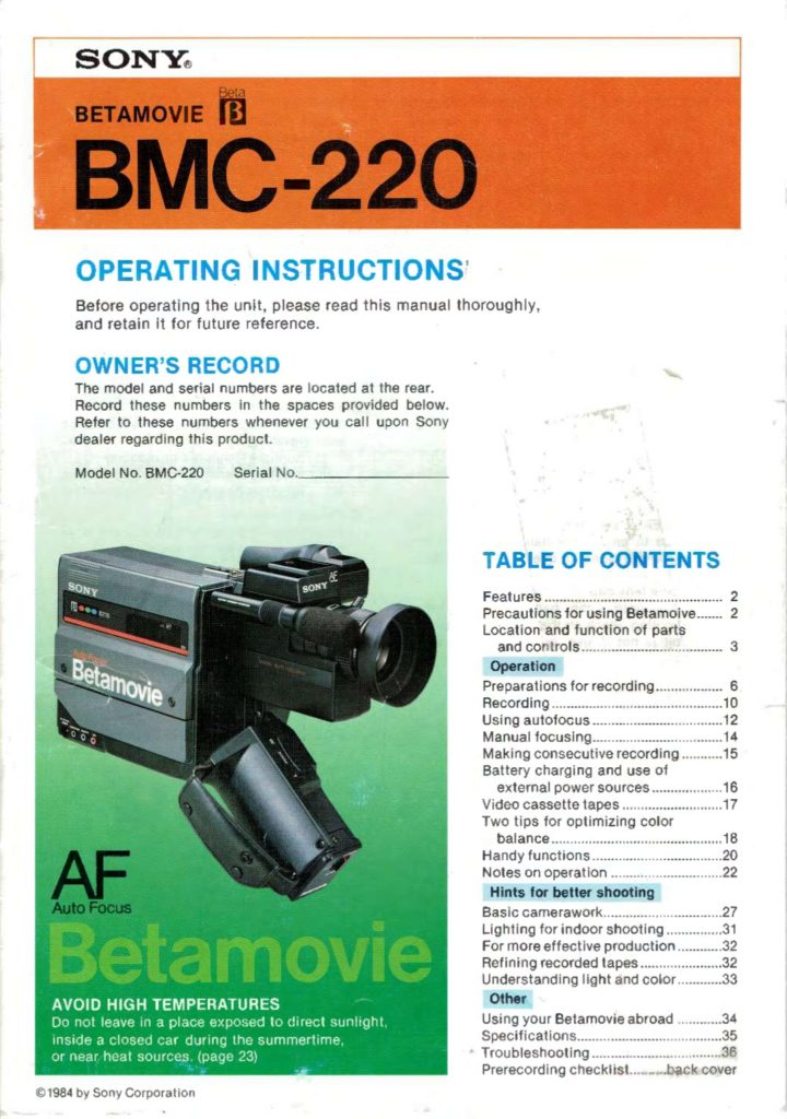 Sony Betamovie BMC-220 Operating Instructions (Instant Download)