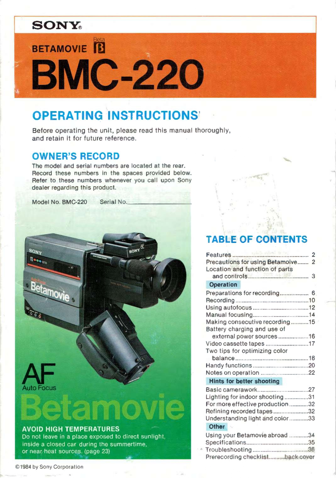 Sony Betamovie BMC-220 Operating Instructions (Instant Download)