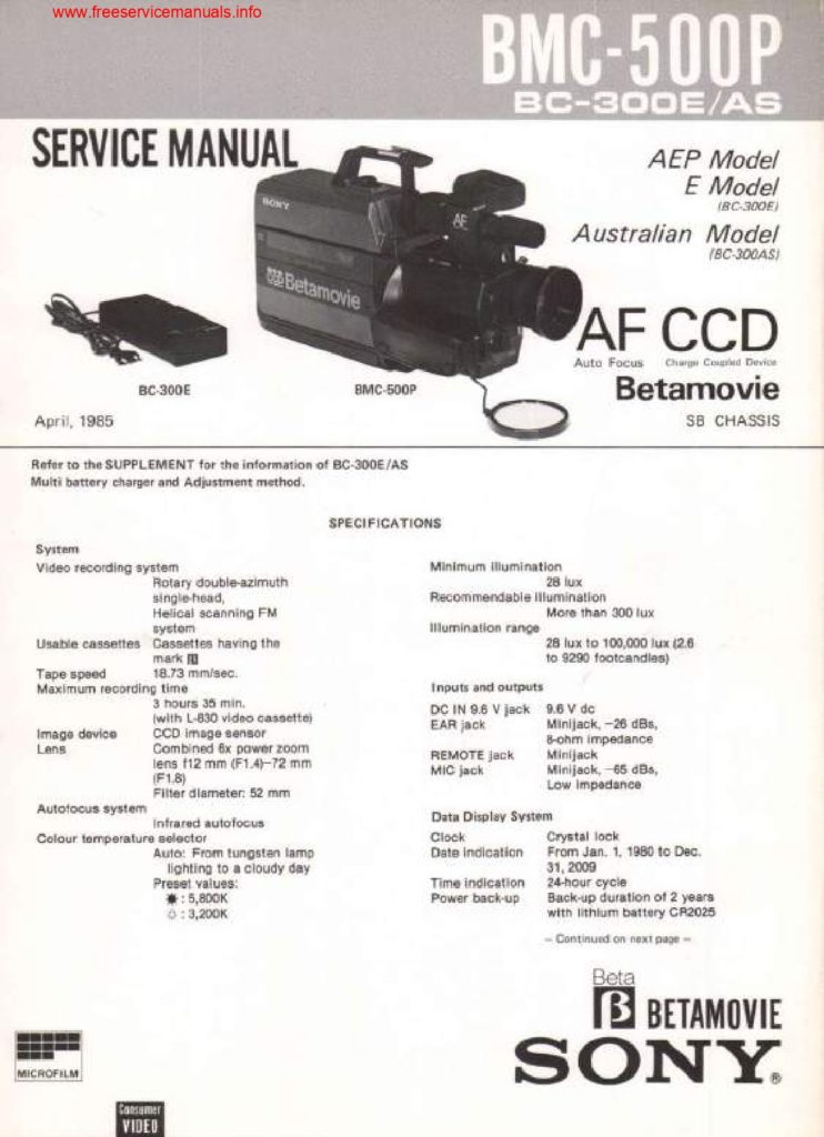 Sony Betamovie BMC-500P Service Manual (Instant Download)