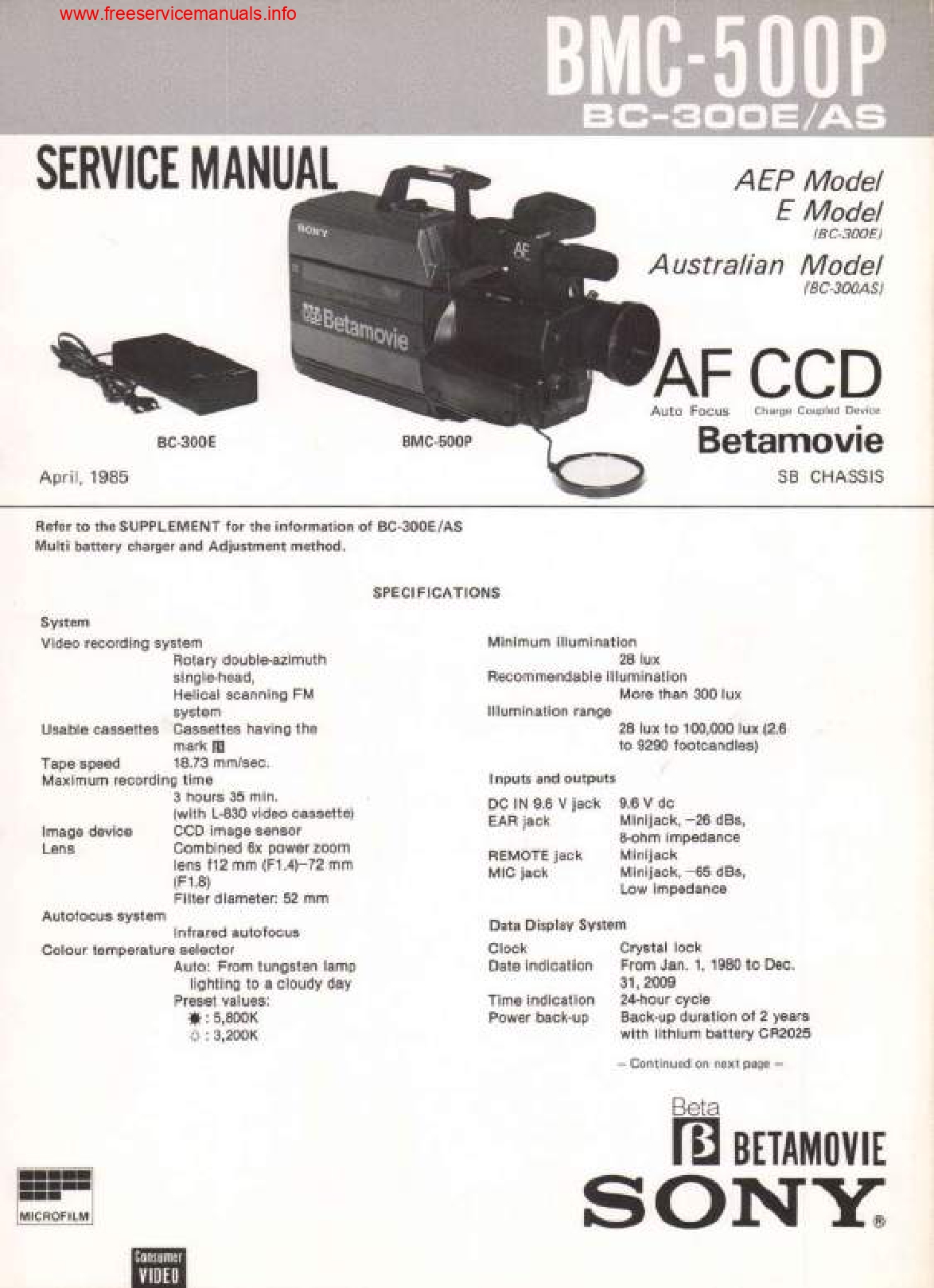 Sony Betamovie BMC-500P Service Manual (Instant Download)