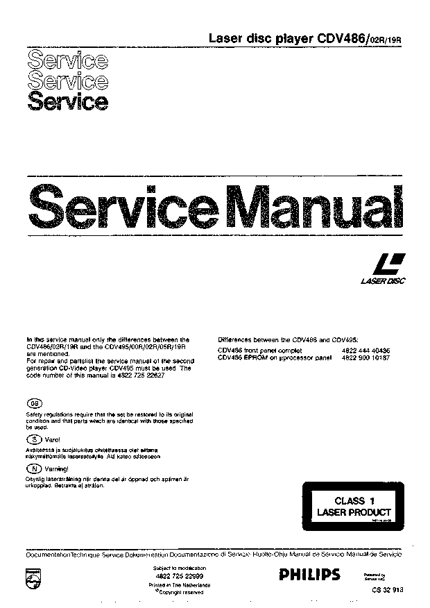 Philips Laser disc player CDV486/02R/19R Service Manual Instant Download