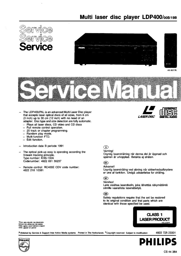 Philips Multi laser disc player LDP400/00B/19B Service Manual Instant Download