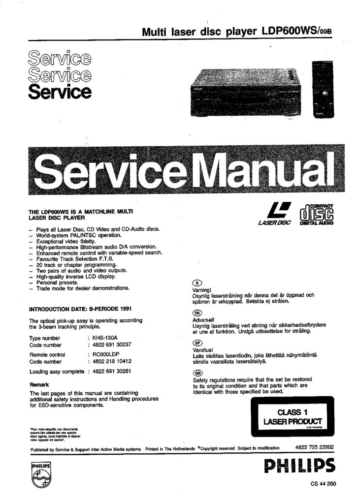 Philips Multi laser disc player LDP600WS/00B Service Manual Instant Download