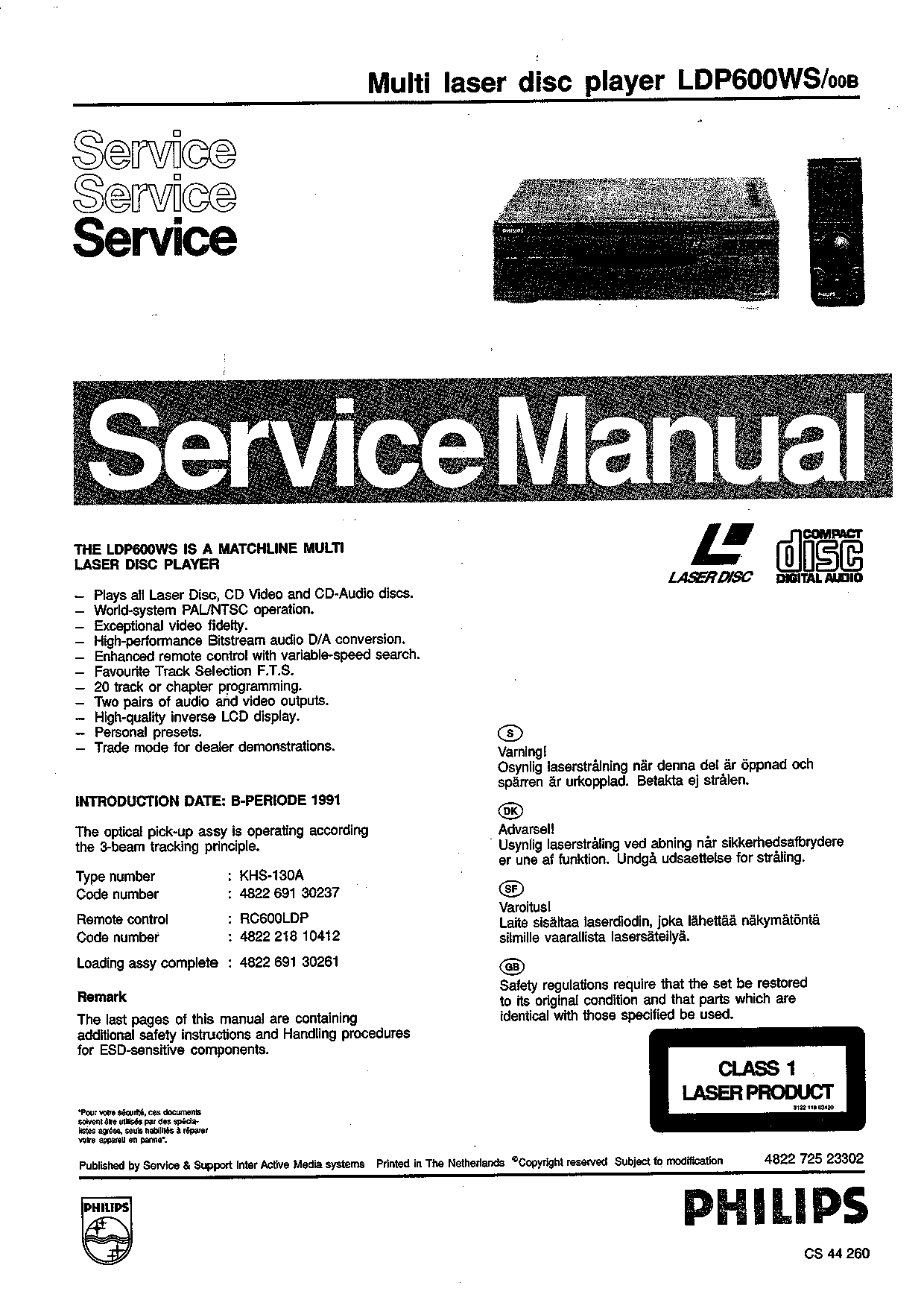 Philips Multi laser disc player LDP600WS/00B Service Manual Instant Download