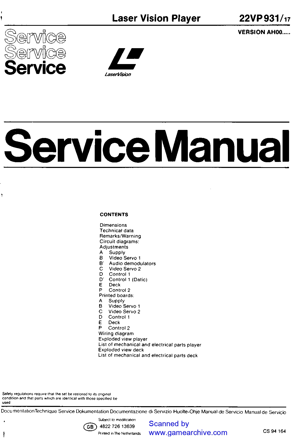 Service Manual Laser Vision Player 22VP931/17 Instant Download