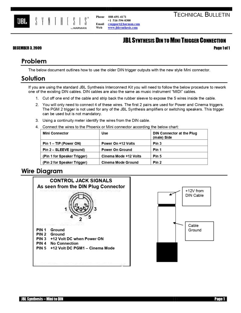 JBL Synthesis Din to Mini Trigger Connection Technical Bulletin (Instant Download)
