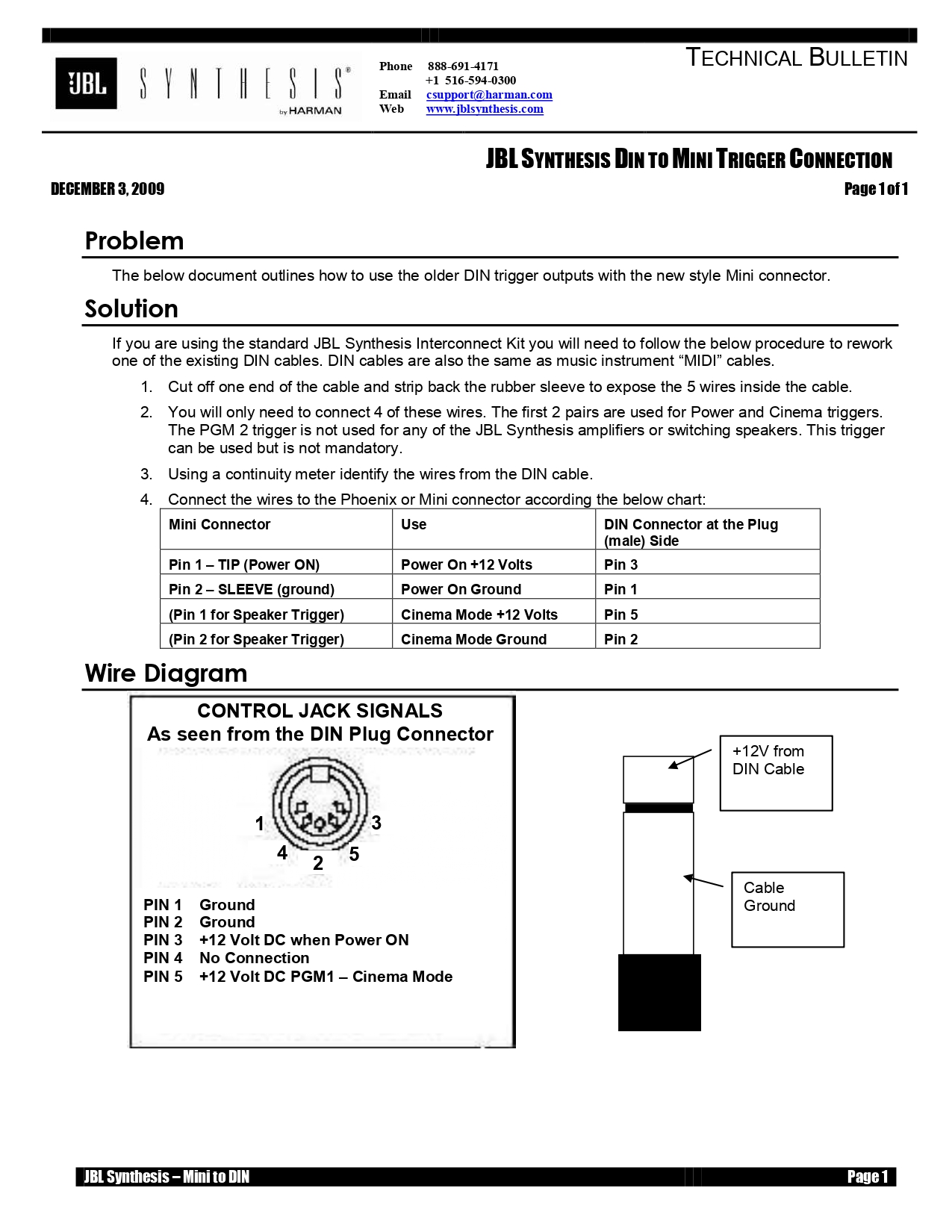 JBL Synthesis Din to Mini Trigger Connection Technical Bulletin (Instant Download)
