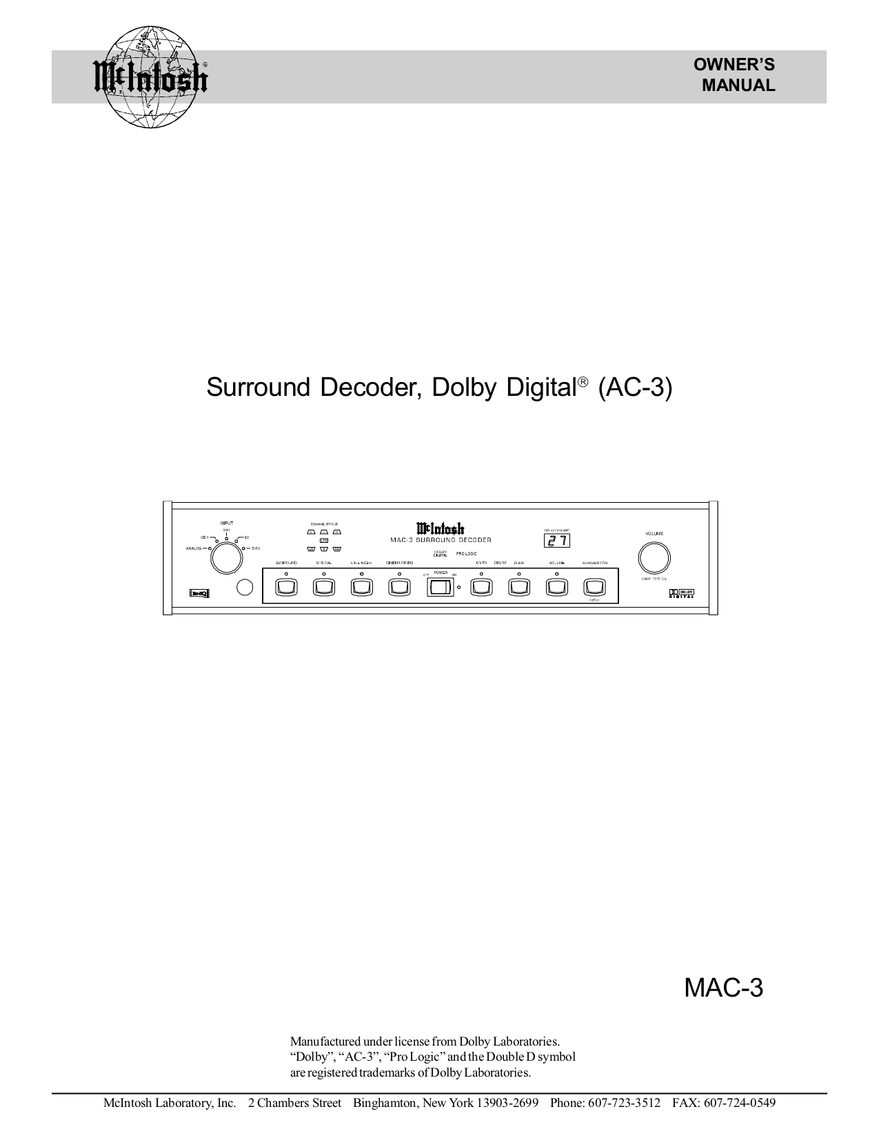 McIntosh Surround Decoder, Dolby Digital® (AC-3) MAC-3 Owner's Manual (Instant Download)