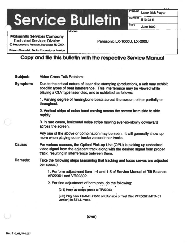 Service Bulletin Panasonic LX-1000U, LX-200U Instant Download