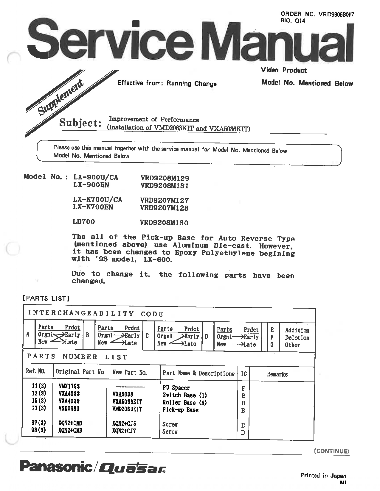 Service Manual Panasonic/Quasar Video Product LX-900U/CA, LX-900EN, LX-K700U/CA, LX-K700EN, LD700 Instant Download