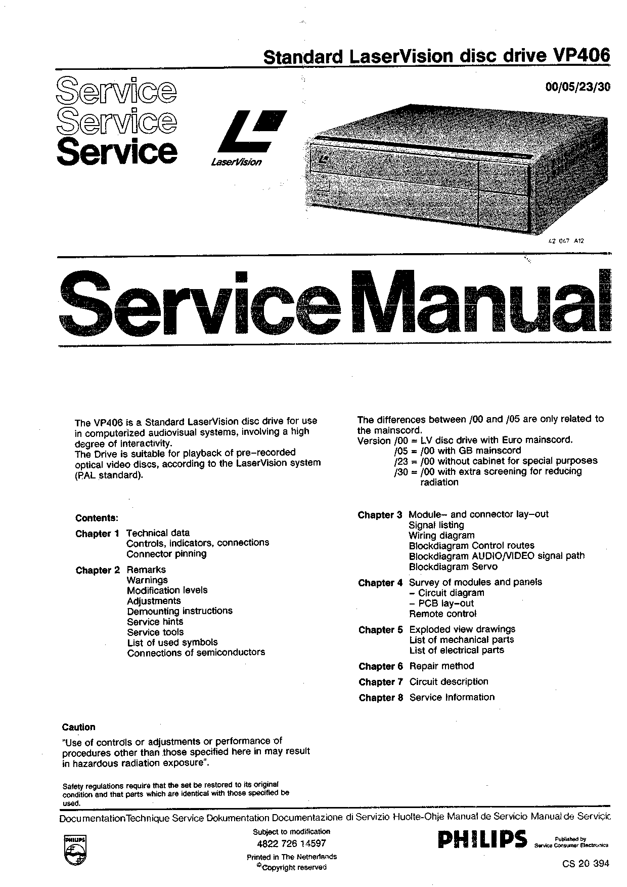 Philips Standard LaserVision disc drive VP406 Service Manual (Instant Download)