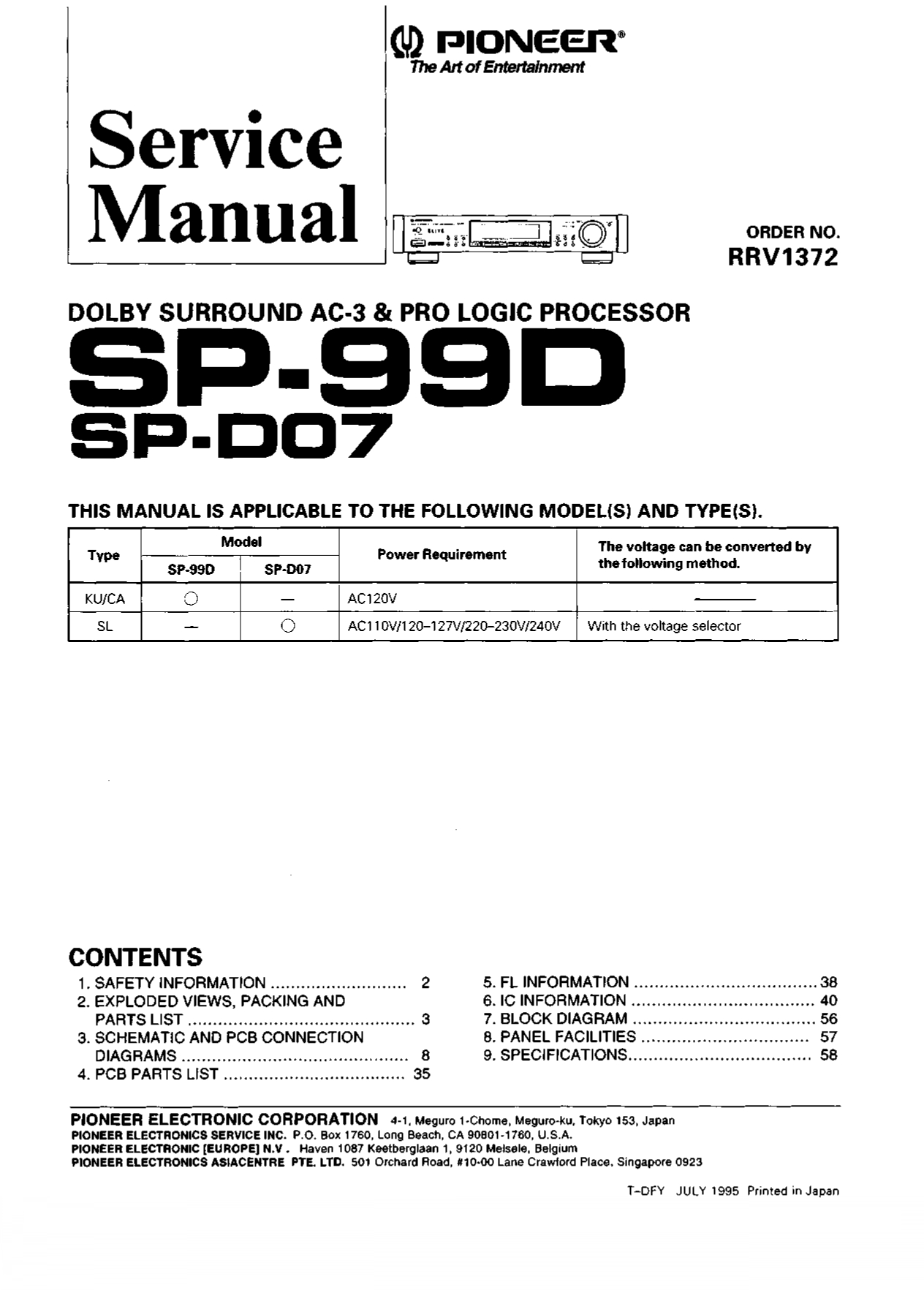 PIONEER Service Manual DOLBY SURROUND AC-3 & PRO LOGIC PROCESSOR SP-99D SP-D07