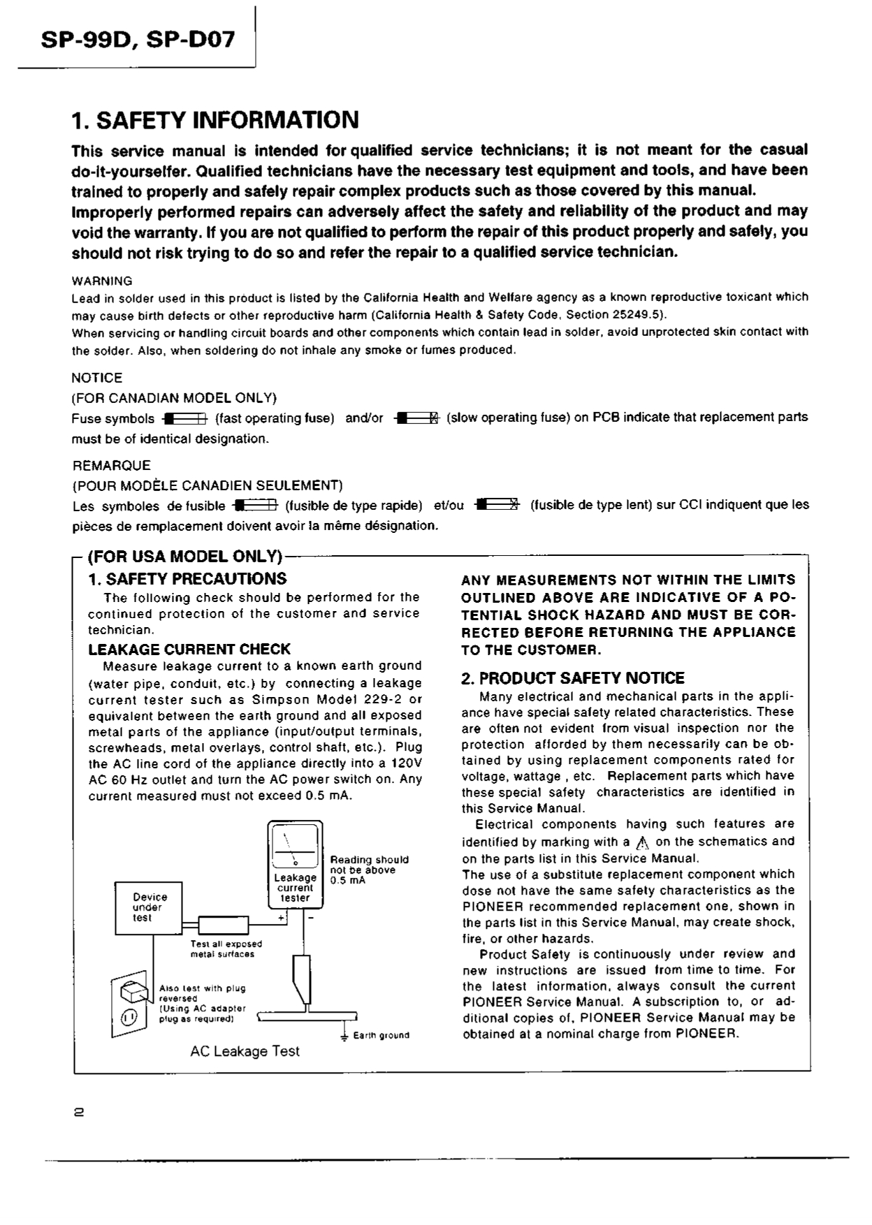 PIONEER Service Manual DOLBY SURROUND AC-3 & PRO LOGIC PROCESSOR SP-99D SP-D07 (Instant Download) - Image 3