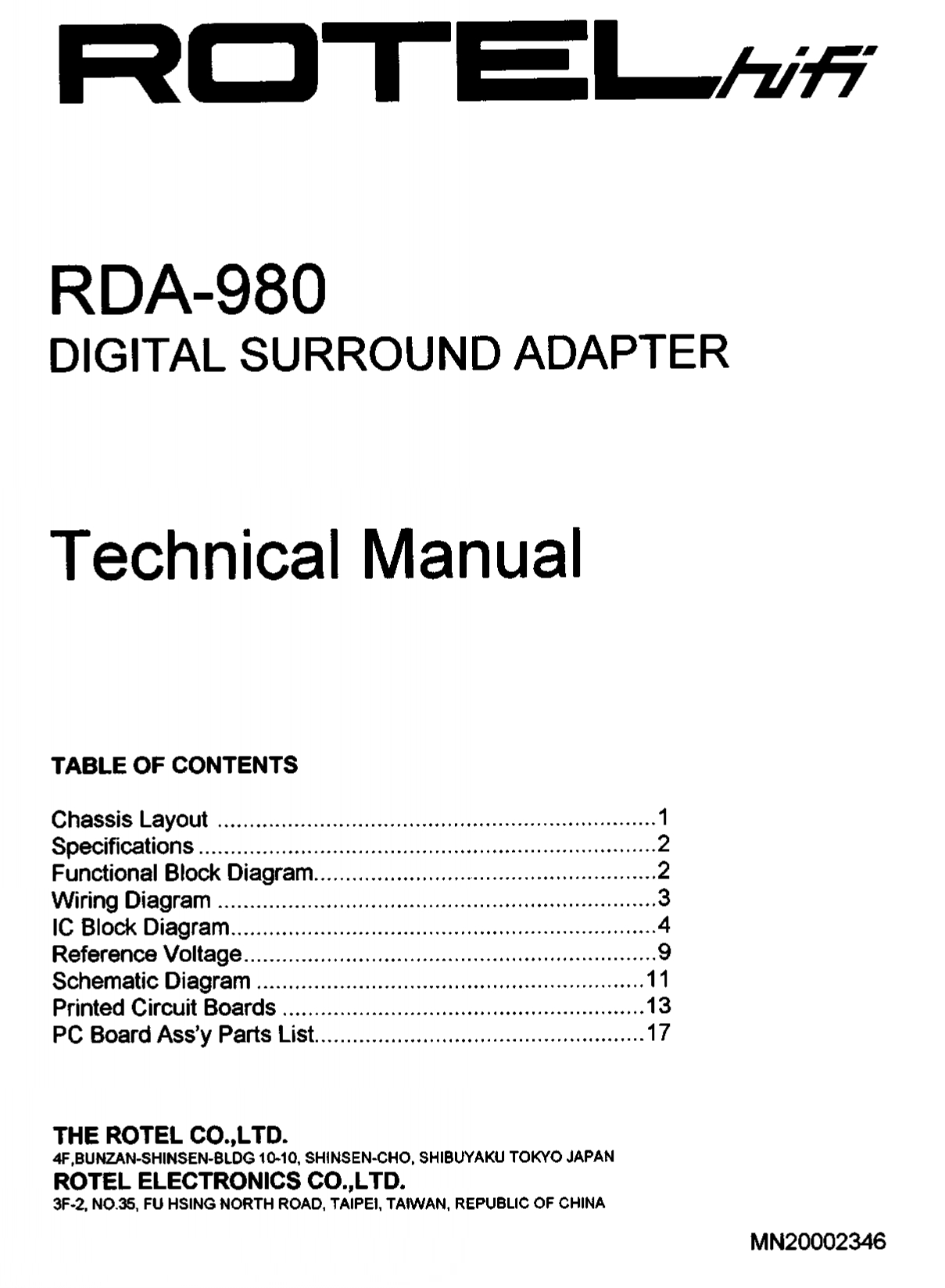 Rotel RDA-980 Digital Surround Adapter Technical Manual