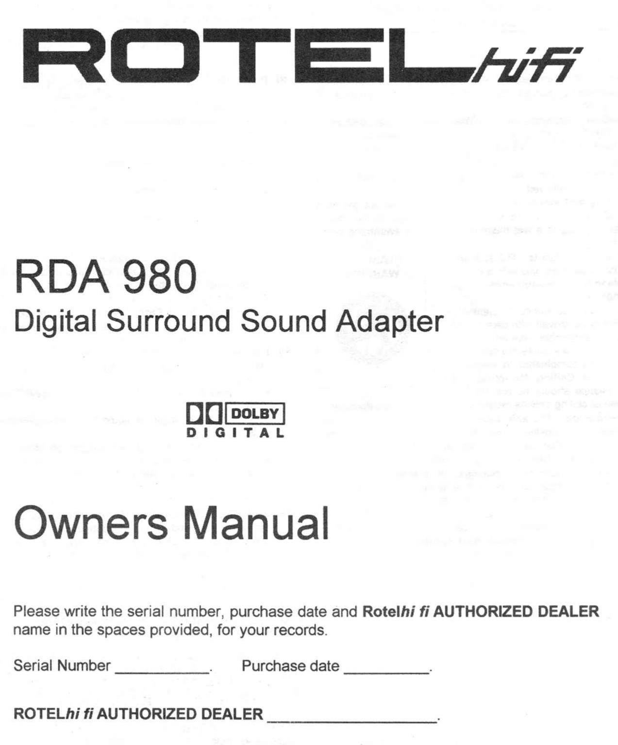 Rotel RDA-980 Digital Surround Sound Adapter Owners Manual