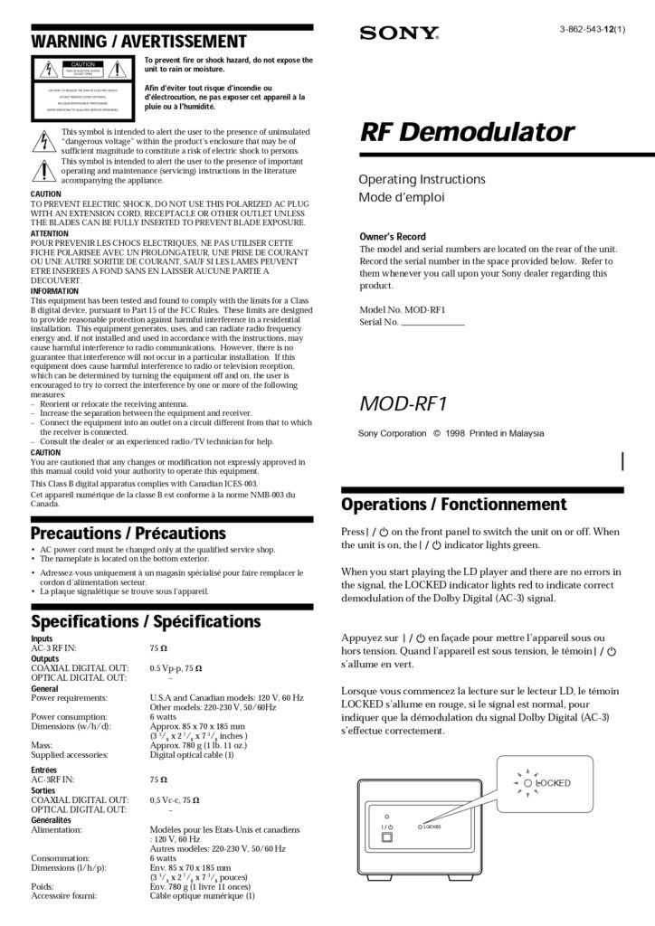 Sony MOD-RF1 RF Demodulator Operations/Fonctionnement Manual - Instant Download