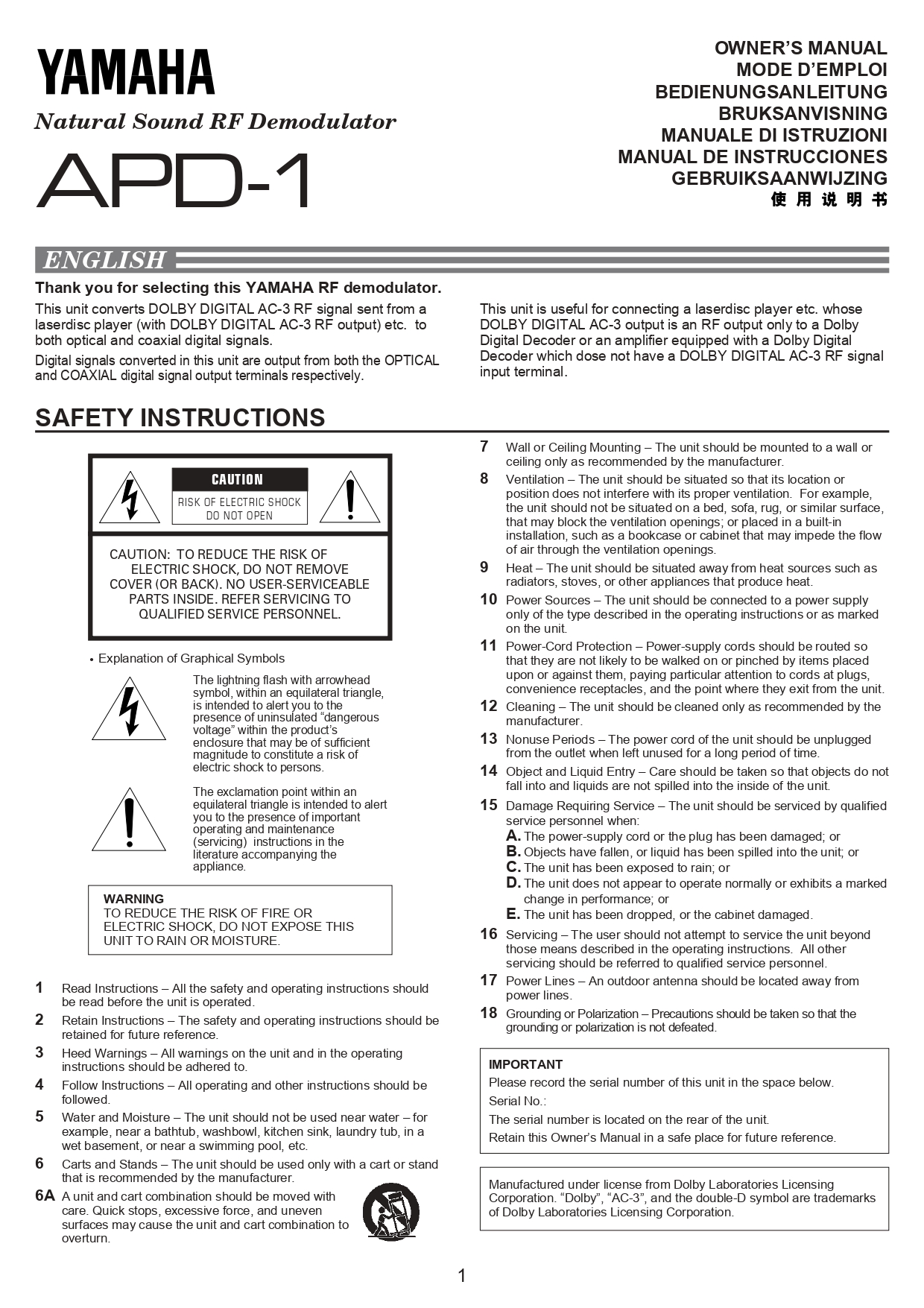 Yamaha APD-1 Natural Sound RF Demodulator Owner's Manual - Instant Download