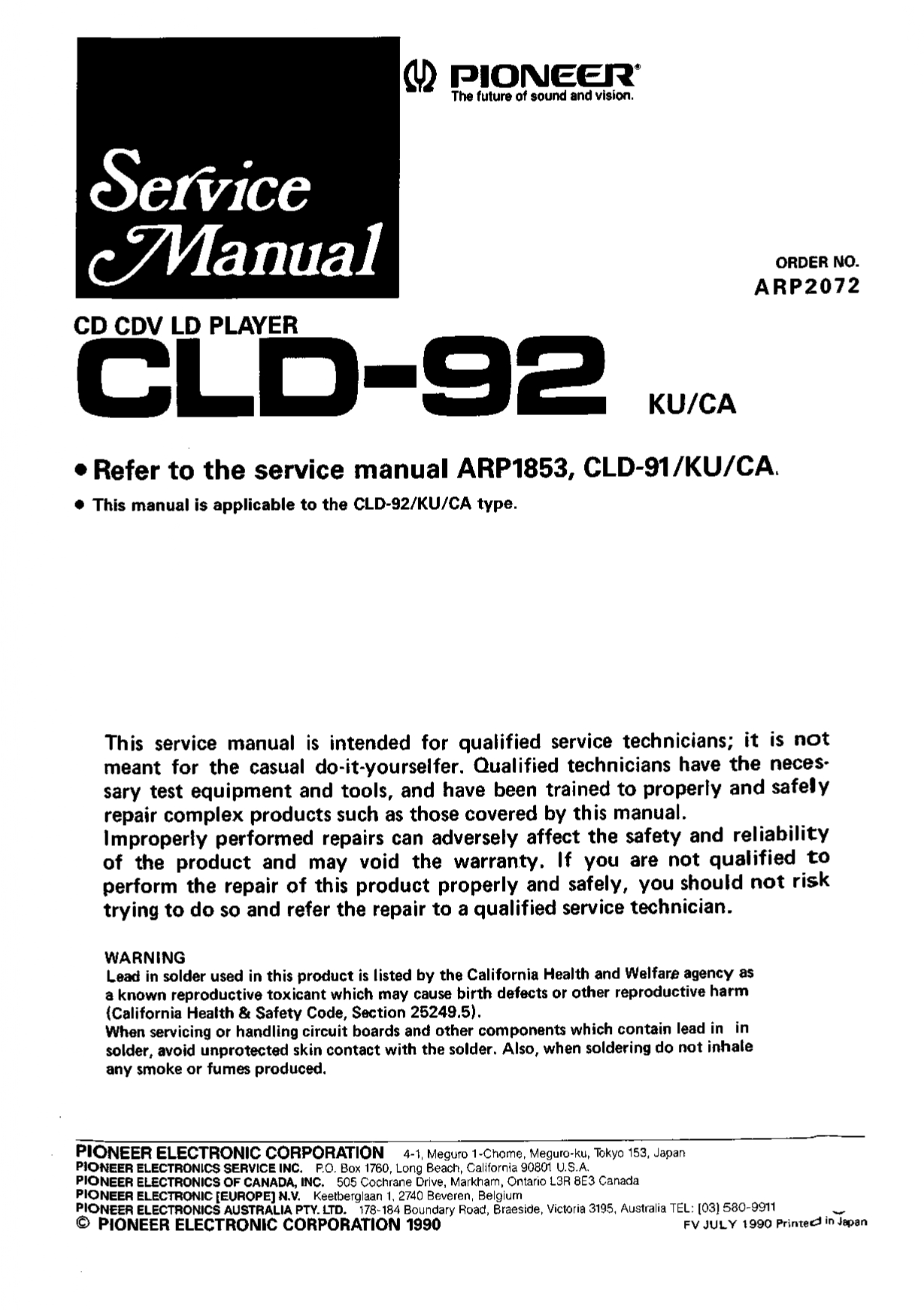 Pioneer CLD-92 CD CDV LD Player Service Manual - INSTANT DOWNLOAD