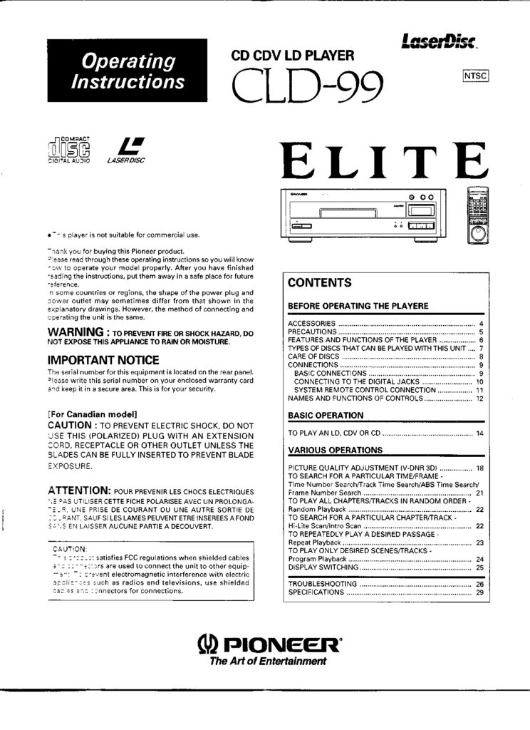 Pioneer CLD-99 CD CDV LD Player Operating Instructions - INSTANT DOWNLOAD