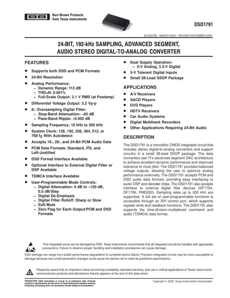 DSD1791 Datasheet (Instant Download)